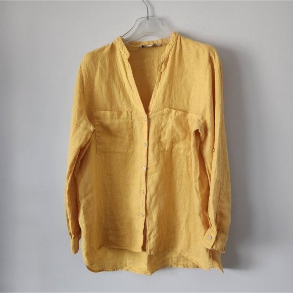 ZARA | 💯 linen shirt blouse yellow mustard sz L - Picture 4 of 6